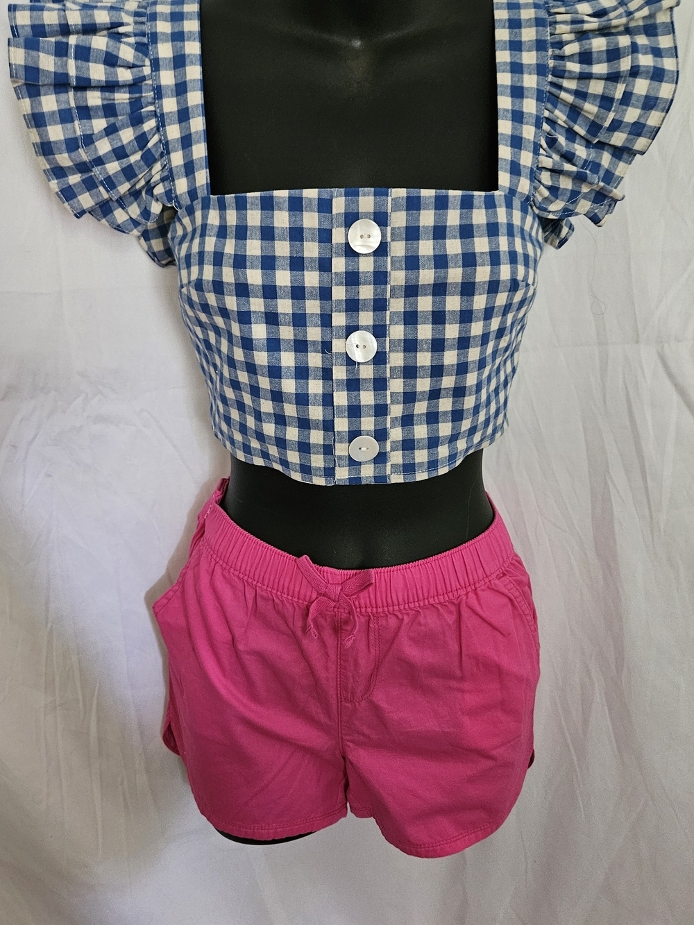 Olivaceous Blue and White Gingham Crop Top with Puff Sleeves